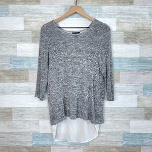 AB Studio Mixed Media Tunic Sweater Blouse Gray Ivory High Low Hem Womens Small